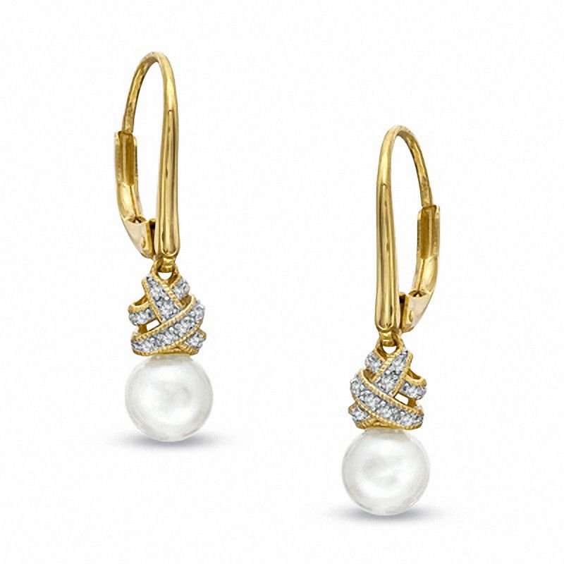 Main Image 1 of 6.5-7.0mm Freshwater Cultured Pearl and Lab-Created White Sapphire Wrap Drop Earrings in 10K Gold