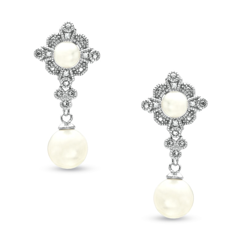 Main Image 1 of Freshwater Cultured Pearl and Diamond Accent Drop Earrings in 10K White Gold