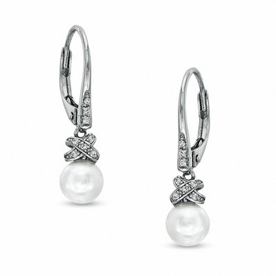 6.5-7.0mm Freshwater Cultured Pearl and Lab-Created White Sapphire Wrap Drop Earrings in 10K Gold