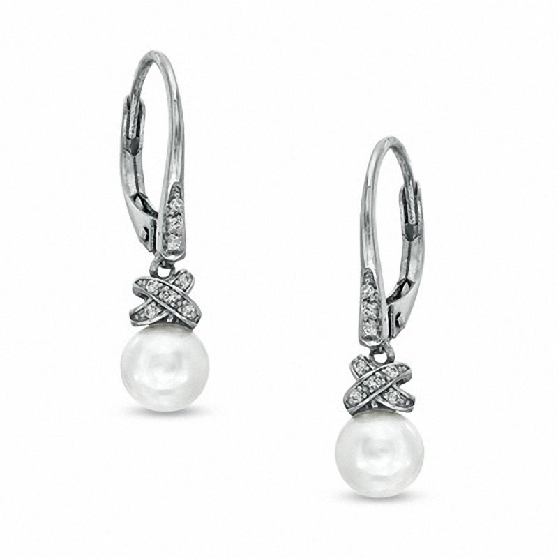 Main Image 1 of 6.5-7.0mm Freshwater Cultured Pearl and Lab-Created White Sapphire Wrap Drop Earrings in 10K White Gold