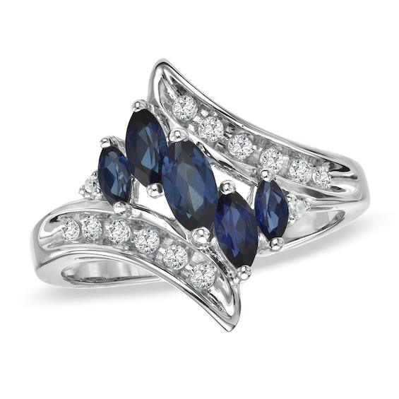 Marquise Lab-Created Blue Sapphire, White Sapphire and Diamond Accent Bypass Ring in 10K White Gold