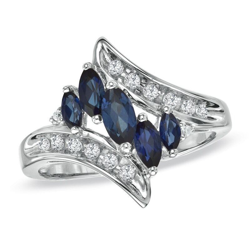 Main Image 1 of Marquise Lab-Created Blue Sapphire, White Sapphire and Diamond Accent Bypass Ring in 10K White Gold