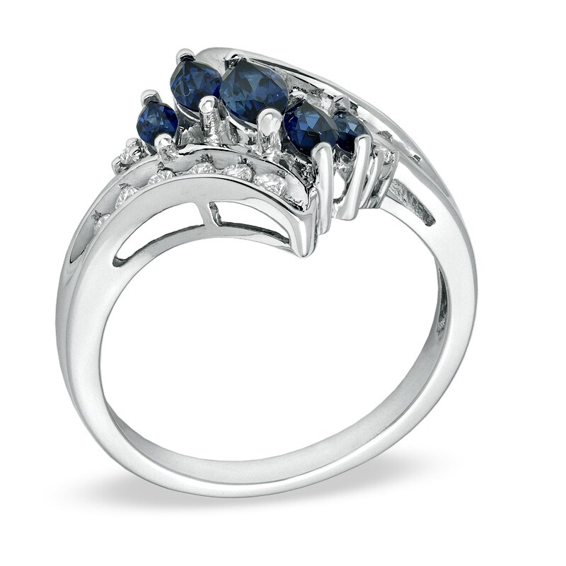 Main Image 2 of Marquise Lab-Created Blue Sapphire, White Sapphire and Diamond Accent Bypass Ring in 10K White Gold