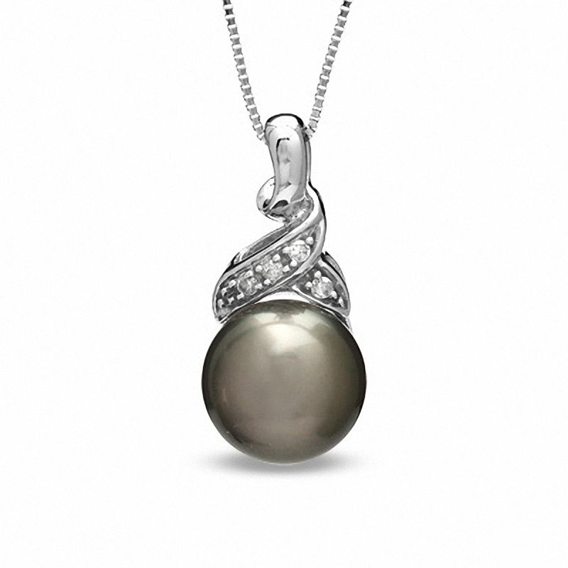 Main Image 1 of 9.0mm Tahitian Cultured Pearl and Diamond Accent Pendant in 10K White Gold