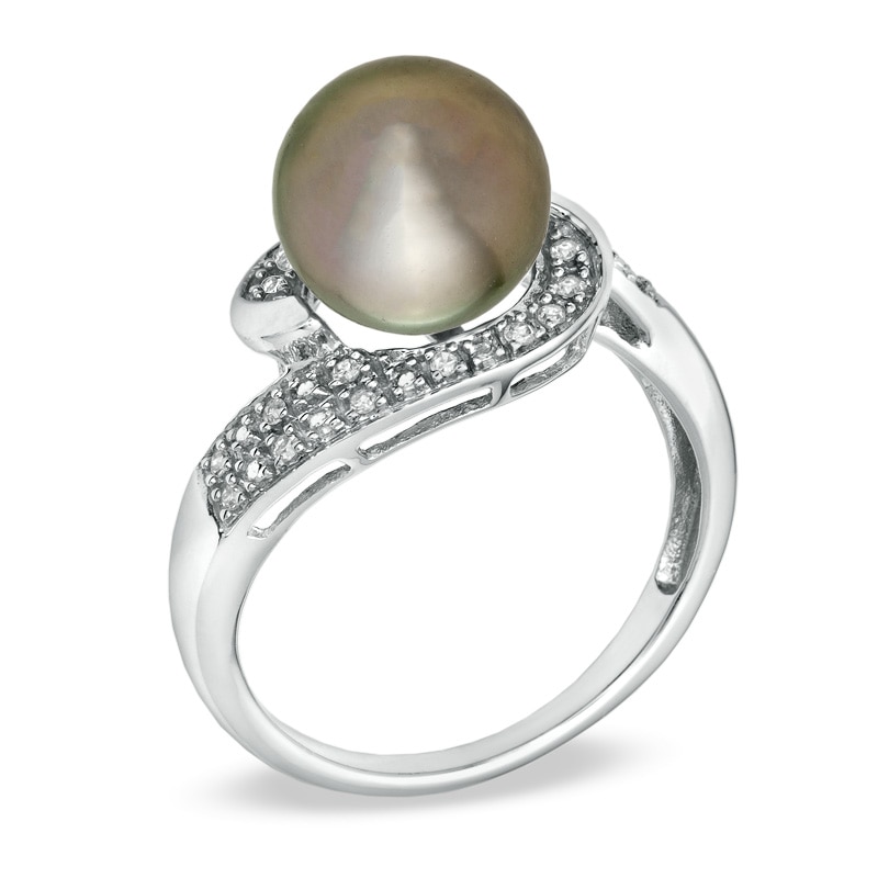 Main Image 2 of 9.0mm Tahitian Cultured Pearl and 1/10 CT. T.W. Diamond Swirl Ring in 10K White Gold