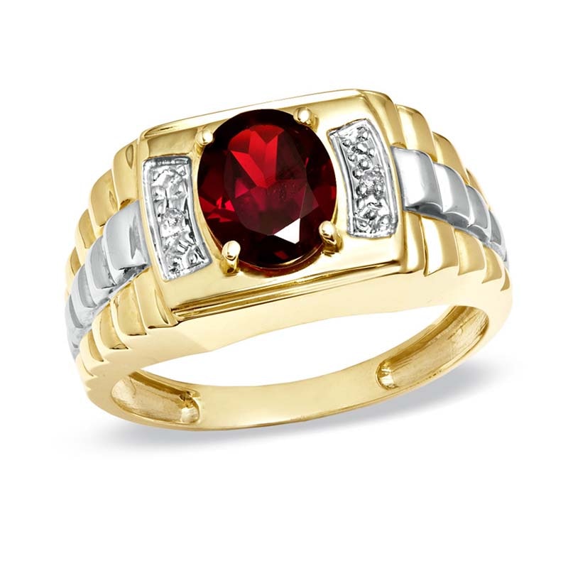 Men's Oval Garnet and Diamond Accent Ring in 10K Gold