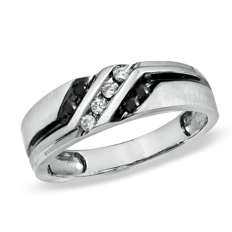 Main Image 1 of Men's 1/5 CT. T.W. Black and White Diamond Slant Wedding Band in 10K White Gold