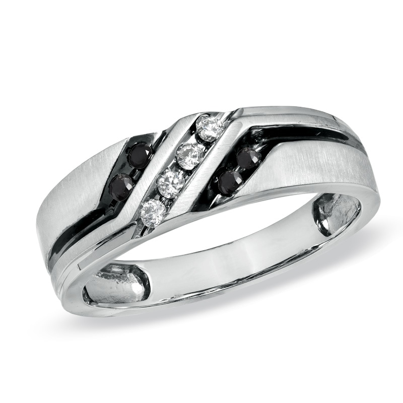 Men's 1/5 CT. T.W. Black and White Diamond Slant Wedding Band in 10K White Gold