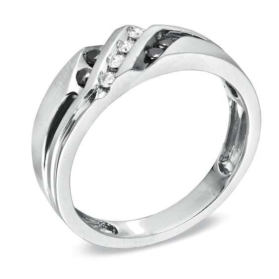 1/5 CT. T.w. Black and White Diamond Slant Wedding Band in 10K White Gold