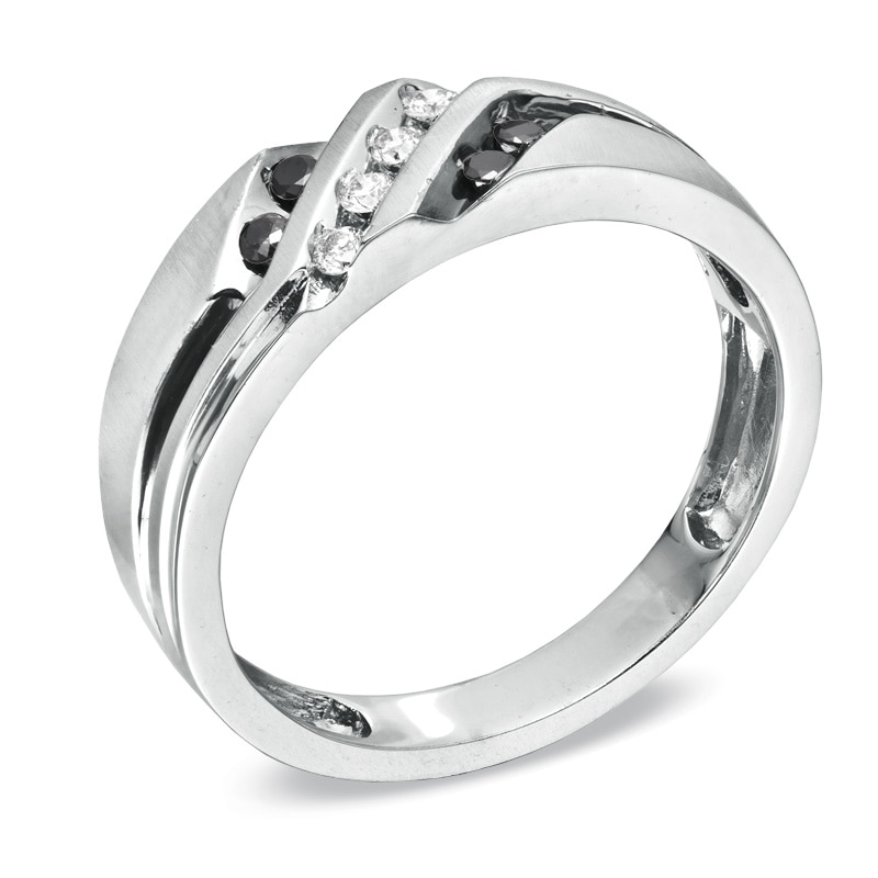 Main Image 2 of Men's 1/5 CT. T.W. Black and White Diamond Slant Wedding Band in 10K White Gold