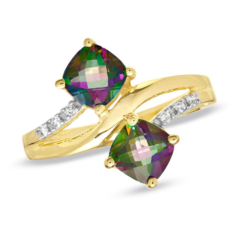 Main Image 1 of 6.0mm Cushion-Cut Mystic Fire® Topaz and Diamond Accent Bypass Ring in 10K Gold