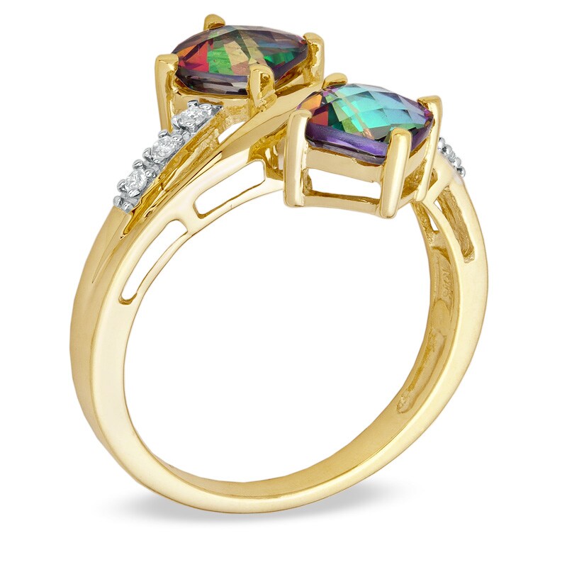 Main Image 2 of 6.0mm Cushion-Cut Mystic Fire® Topaz and Diamond Accent Bypass Ring in 10K Gold