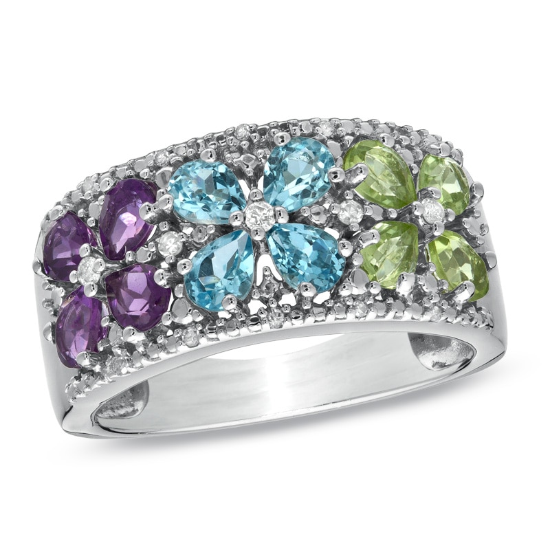 Pear-Shaped Semi-Precious Gemstone and Diamond Accent Flower Ring in Sterling Silver