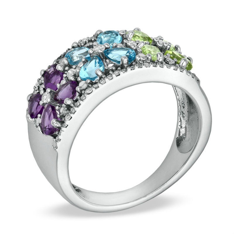 Pear-Shaped Semi-Precious Gemstone and Diamond Accent Flower Ring in Sterling Silver