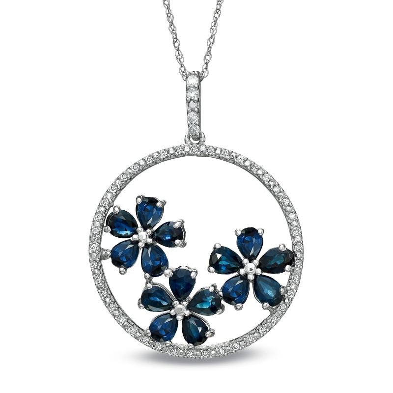 Main Image 1 of Blue Sapphire and 1/7 CT. T.W. Diamond Circle Flower Pendant in 10K White Gold