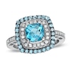Thumbnail Image 0 of 7.0mm Cushion-Cut Blue Topaz and 3/8 CT. T.W. Diamond Frame Ring in 10K White Gold