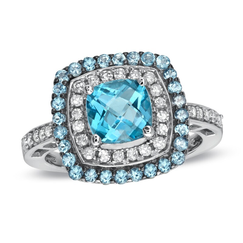 Main Image 1 of 7.0mm Cushion-Cut Blue Topaz and 3/8 CT. T.W. Diamond Frame Ring in 10K White Gold