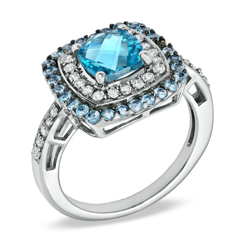 7.0mm Cushion-Cut Blue Topaz and 3/8 CT. T.W. Diamond Frame Ring in 10K White Gold