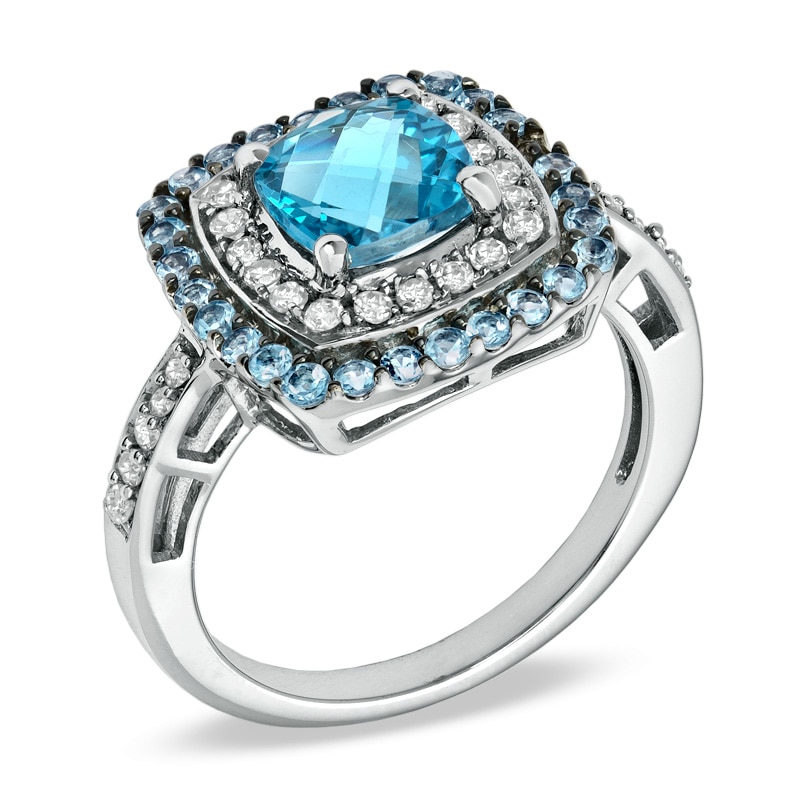 Main Image 2 of 7.0mm Cushion-Cut Blue Topaz and 3/8 CT. T.W. Diamond Frame Ring in 10K White Gold
