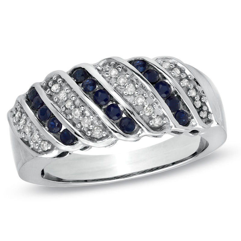 Blue Sapphire and 1/7 CT. T.W. Diamond Slant Band in Sterling Silver