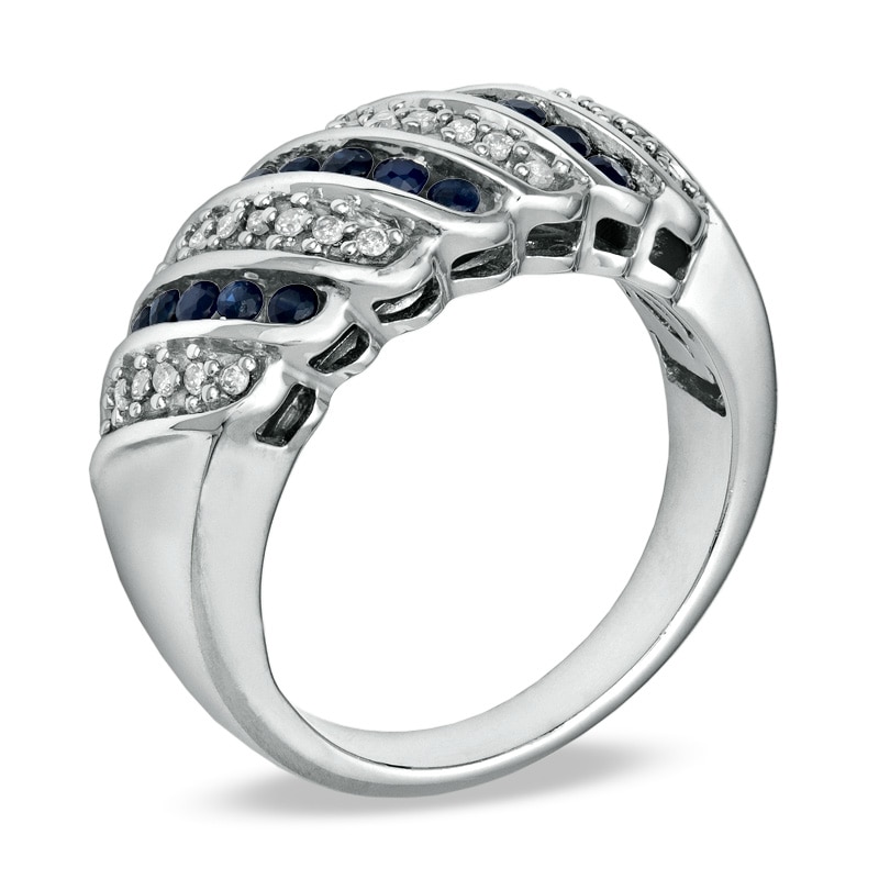 Blue Sapphire and 1/7 CT. T.W. Diamond Slant Band in Sterling Silver