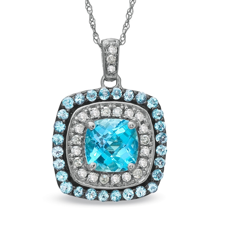 Main Image 1 of 7.0mm Cushion-Cut Blue Topaz and 1/4 CT. T.W. Diamond Pendant in 10K White Gold