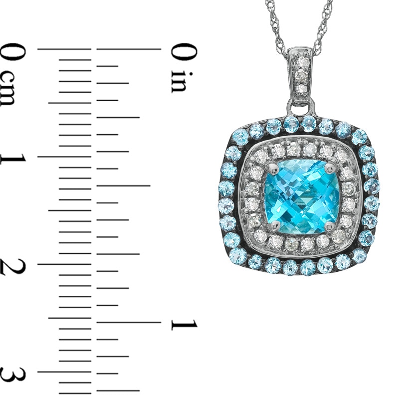 Main Image 2 of 7.0mm Cushion-Cut Blue Topaz and 1/4 CT. T.W. Diamond Pendant in 10K White Gold