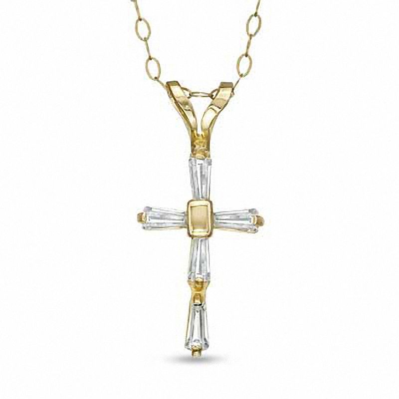 Main Image 1 of Child's Baguette Cubic Zirconia Cross Pendant in 14K Gold - 13"