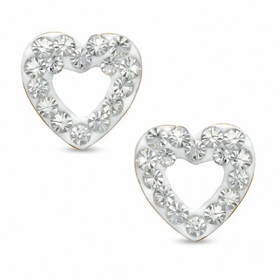 White Crystal Heart Earrings in 14K Gold