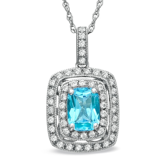 Cushion-Cut Blue Topaz and Lab-Created White Sapphire Frame Pendant in Sterling Silver