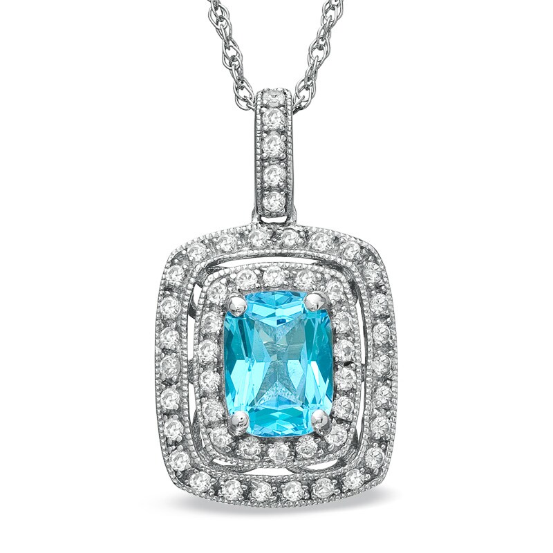 Main Image 1 of Cushion-Cut Blue Topaz and Lab-Created White Sapphire Frame Pendant in Sterling Silver