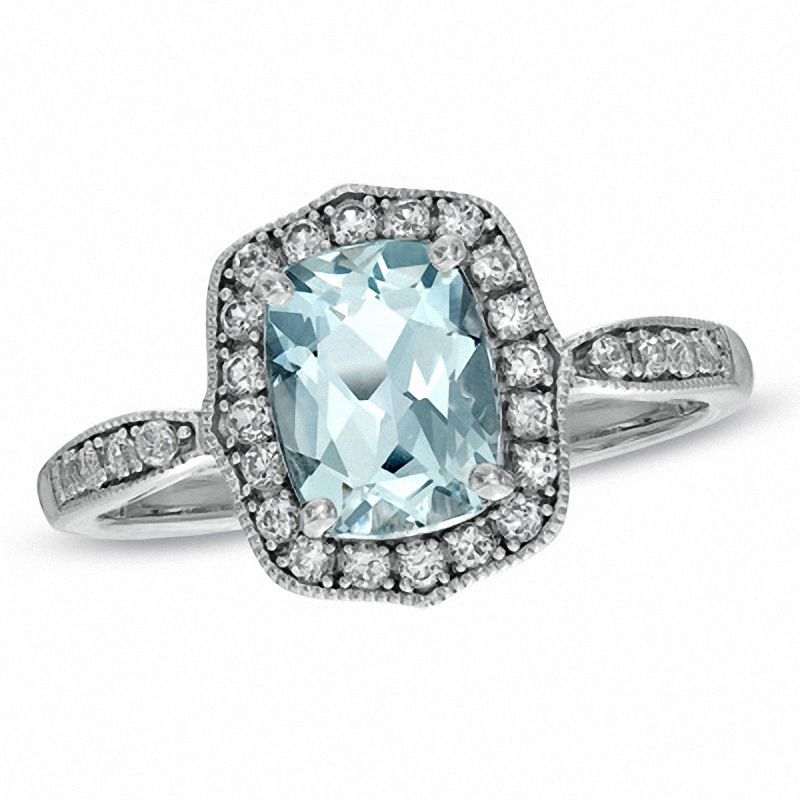 Main Image 1 of Cushion-Cut Aquamarine and Lab-Created White Sapphire Frame Ring in 10K White Gold