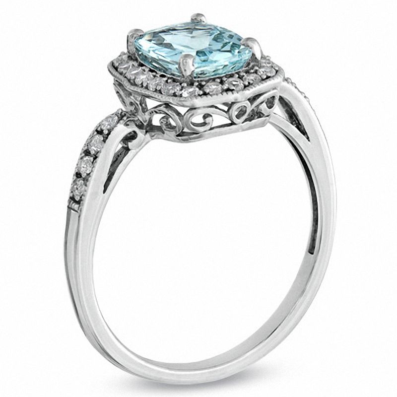 Main Image 2 of Cushion-Cut Aquamarine and Lab-Created White Sapphire Frame Ring in 10K White Gold