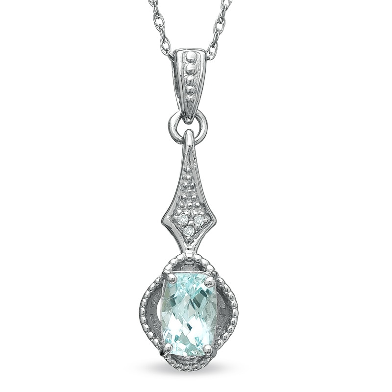 Main Image 1 of Cushion-Cut Aquamarine and Diamond Accent Drop Pendant in 10K White Gold
