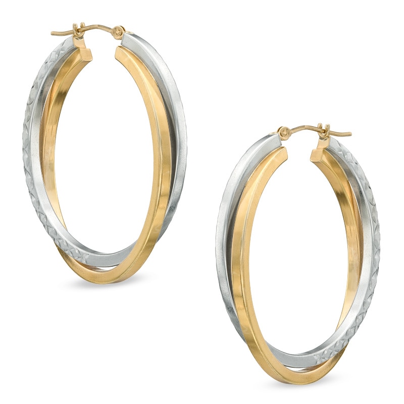 Main Image 1 of 35mm Two-Tone Double Hoop Earrings in Sterling Silver with 14K Gold Plate