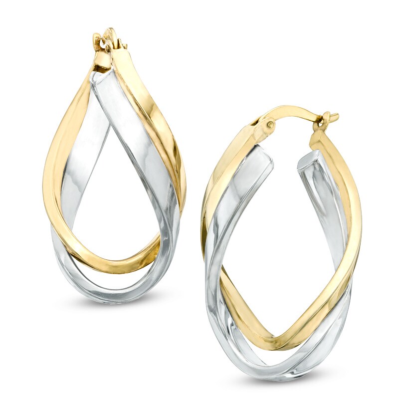 Main Image 1 of Two-Tone Rectangular Twisted Hoop Earrings in Sterling Silver with 14K Gold Plate