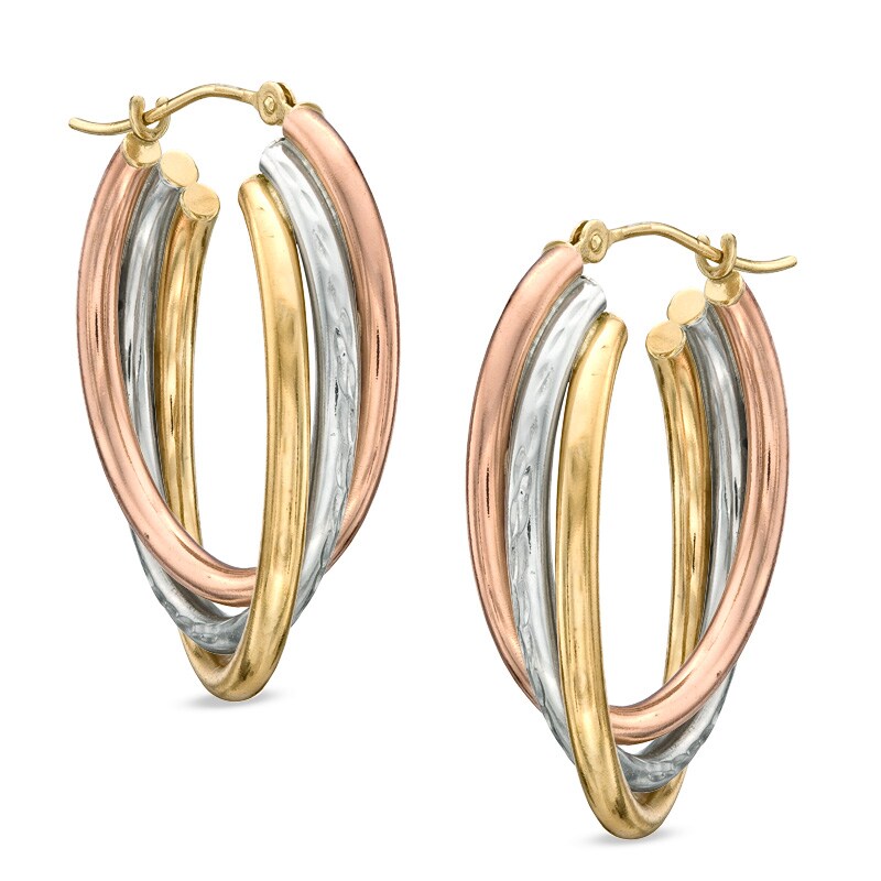 Main Image 1 of Tri-Tone Diamond-Cut Triple Hoop Earrings in Sterling Silver with 14K Gold Plate