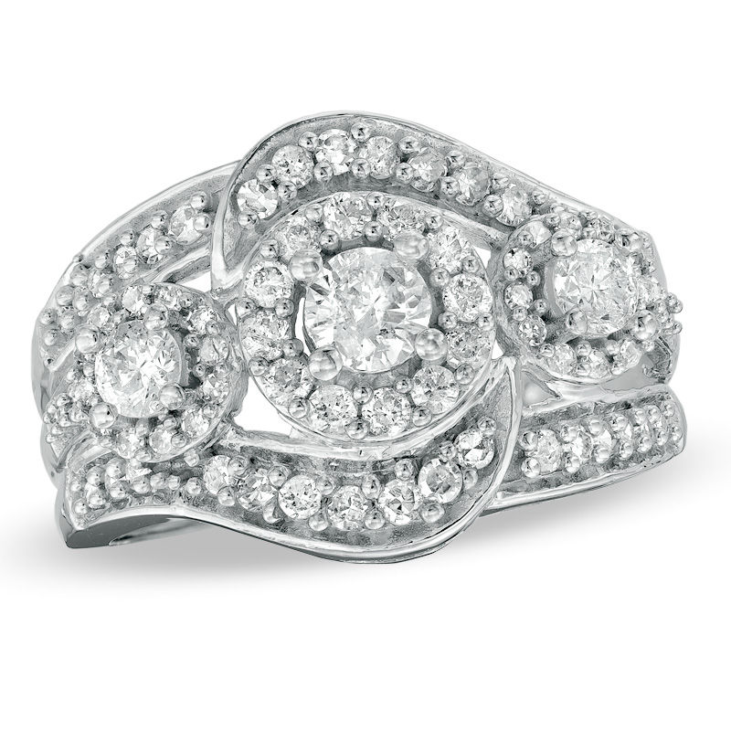 1 CT. T.W. Diamond Three Stone Swirl Ring in 10K White Gold