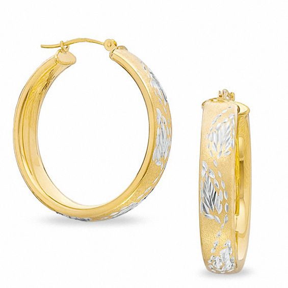30mm Two-Tone Diamond-Cut Leaf Hoop Earrings in Sterling Silver with 14K Gold Plate