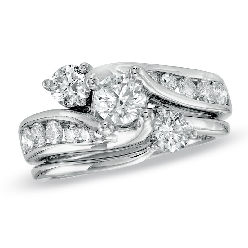 Main Image 1 of 1-1/2 CT. T.W. Diamond Three Stone Bridal Set in 14K White Gold