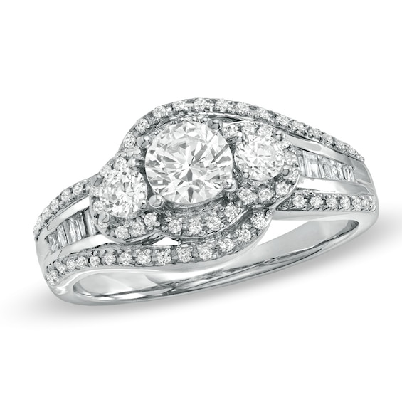 1 CT. T.w. Round and Baguette Diamond Three Stone Swirl Engagement Ring in 14K White Gold