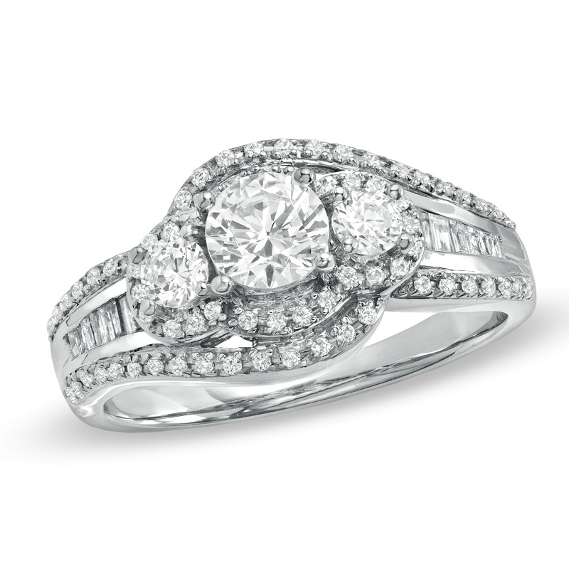 1 CT. T.W. Round and Baguette Diamond Three Stone Swirl Engagement Ring in 14K White Gold