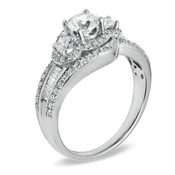 1 CT. T.w. Round and Baguette Diamond Three Stone Swirl Engagement Ring in 14K White Gold