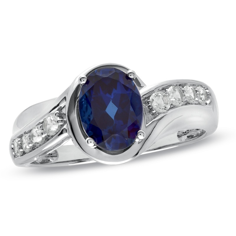 Main Image 1 of Oval Lab-Created Blue Sapphire and White Sapphire Ring in 10K White Gold