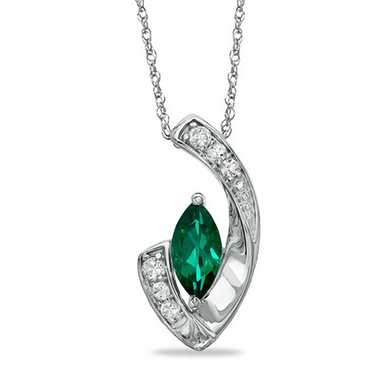 Main Image 1 of Marquise Lab-Created Emerald and White Sapphire Cradle Pendant in 10K White Gold