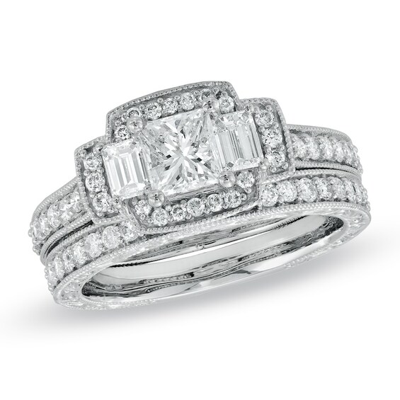 1-1/2 CT. T.w. Princess-Cut Diamond Three Stone Bridal Set in 14K White Gold