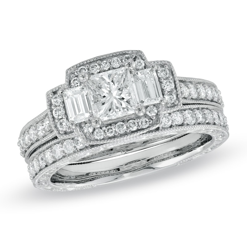 Main Image 1 of 1-1/2 CT. T.W. Princess-Cut Diamond Three Stone Bridal Set in 14K White Gold