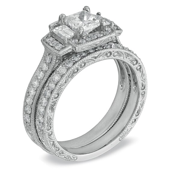 1-1/2 CT. T.w. Princess-Cut Diamond Three Stone Bridal Set in 14K White Gold