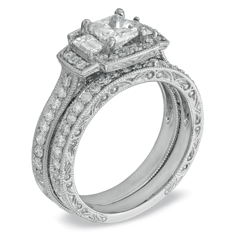 1-1/2 CT. T.W. Princess-Cut Diamond Three Stone Bridal Set in 14K White Gold