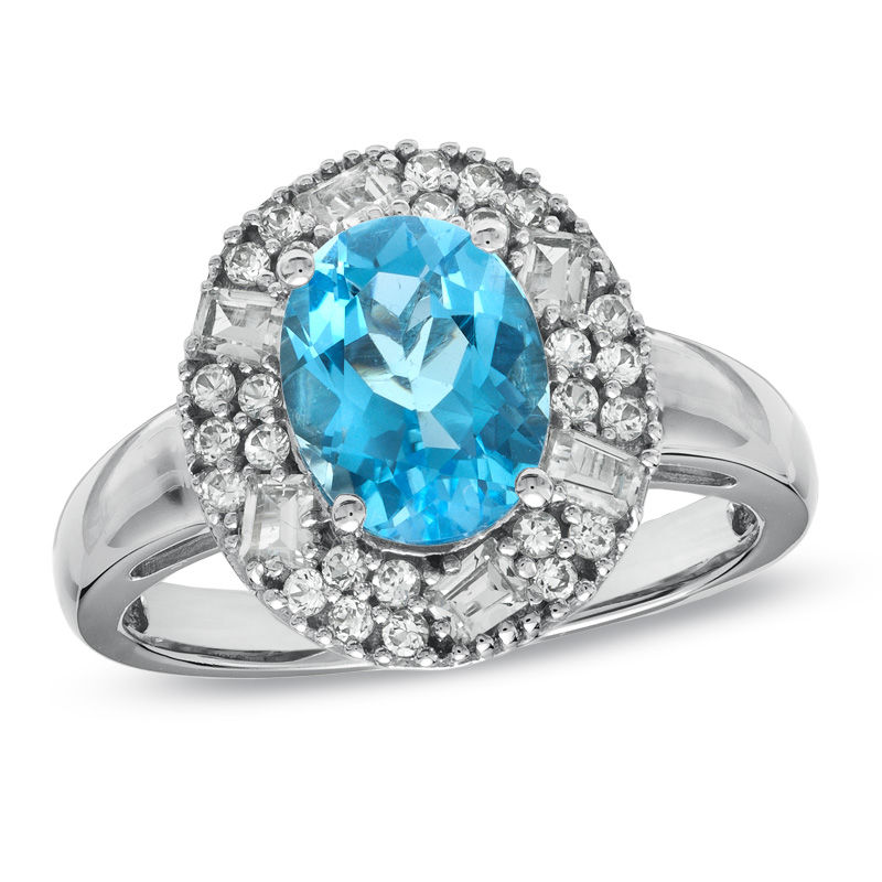 Main Image 1 of Oval Blue Topaz and Lab-Created White Sapphire Frame Ring in 10K White Gold